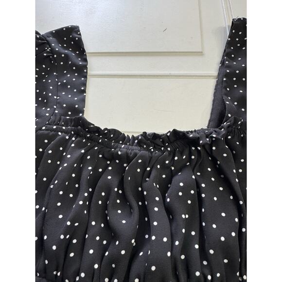 Trixxi Women’s Flare Square Neck Dress Black Polka Dot Small Ruffle Smocked - Picture 3 of 9